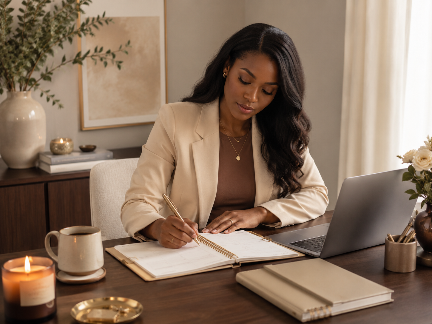 Black woman planning her week at an elegant home office desk with a planner, laptop, and coffee.