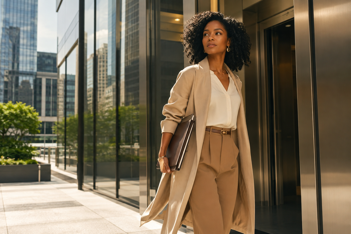 Black woman in polished workwear standing confidently outside a modern office building near an open elevator entrance, holding a laptop and folder.
