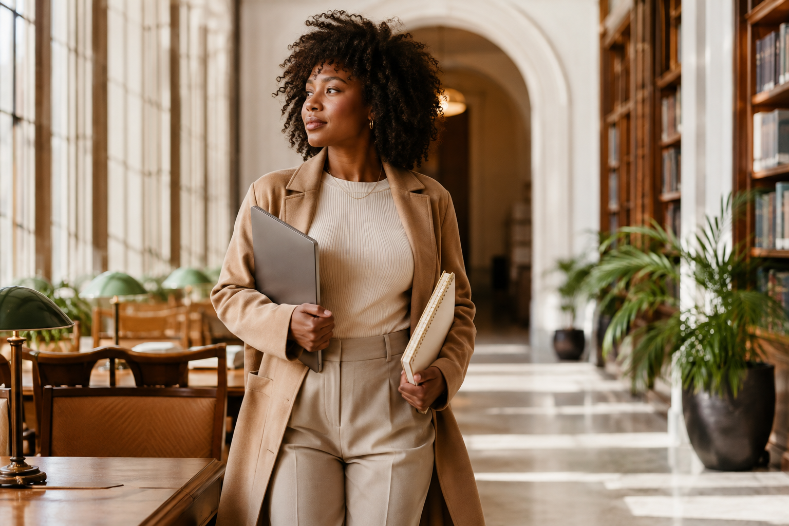 Black woman standing in a bright library with a laptop and notebook, surrounded by bookshelves, plants, and natural light.