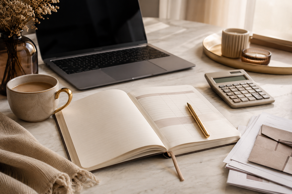 Neutral planning desk with an open notebook, calculator, laptop, coffee, financial papers, and a gold pen in warm natural light.