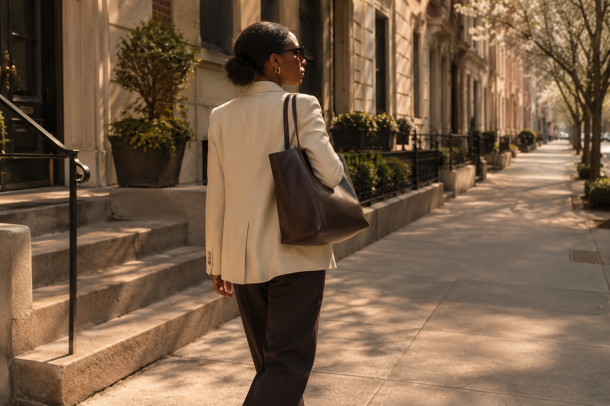 Black woman in a cream blazer carrying a dark tote bag while walking through a sunlit city neighborhood.